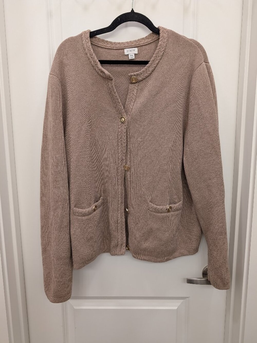J.Crew Taupe Beige Gold Button Knit Cardigan Sweater XXL Pocket Scoop Neck